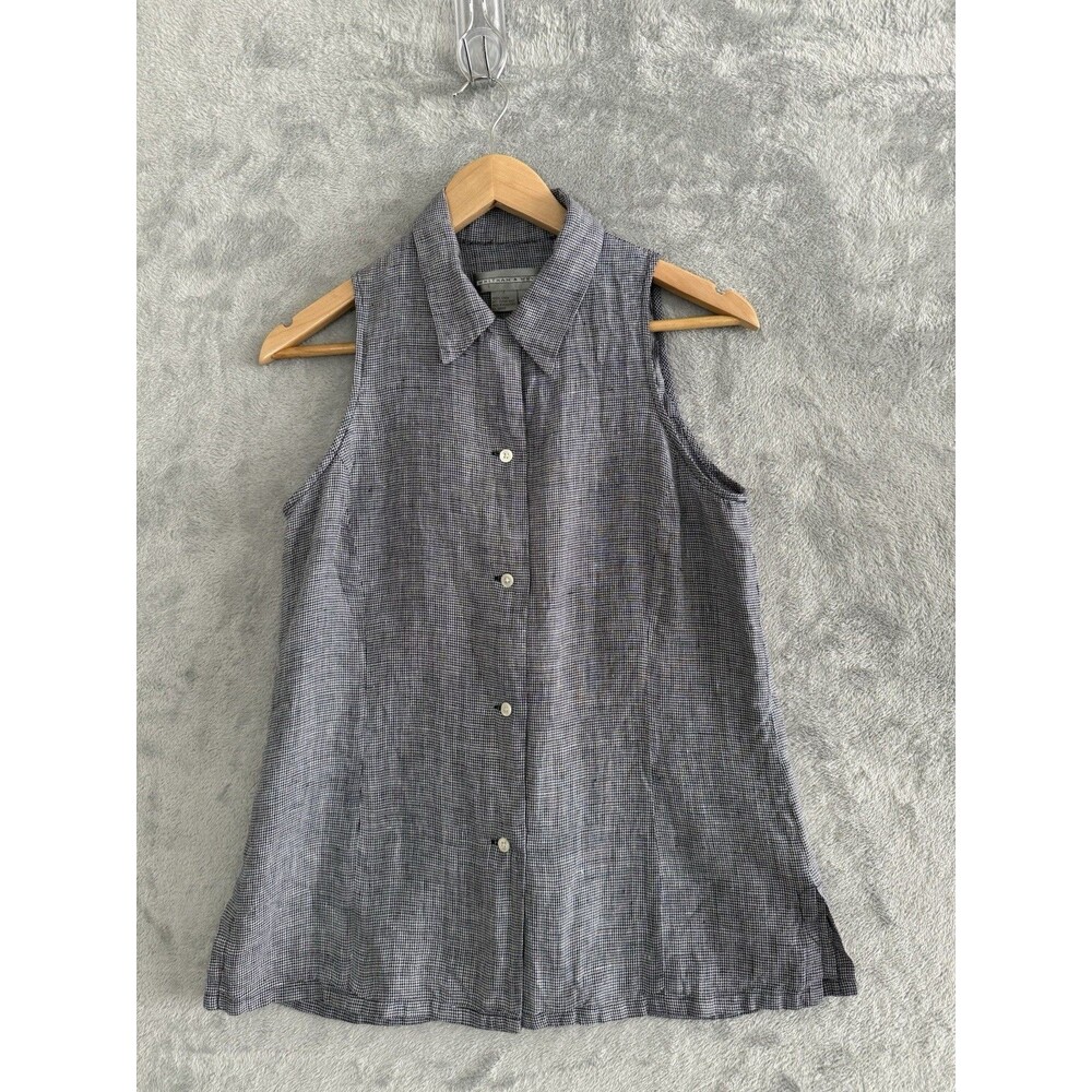 Whitham & Whyte Linen Blouse Womens S Blue White Houndstooth Sleeveless Top